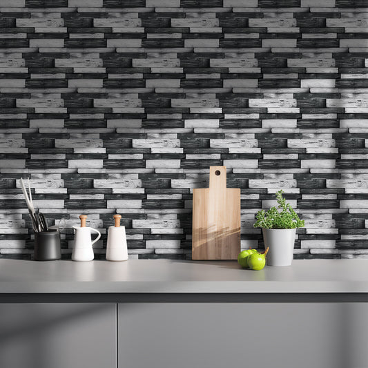 Peel And Stick Splash-proof Wallpaper, PVC Dark Grey Irregular Wood Grain Hanging Decorative Tiles