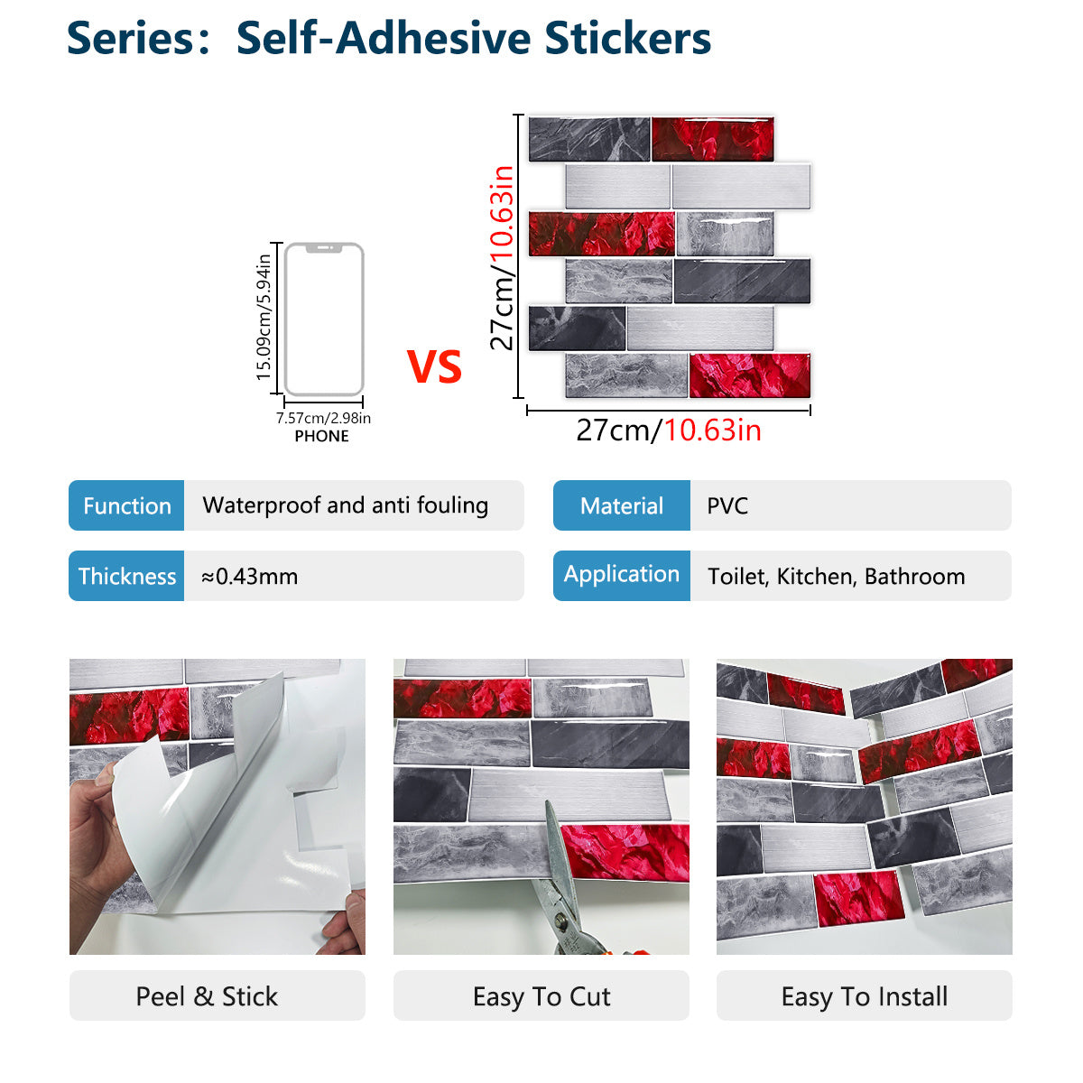 Red Marble Look Peel And Stick Wallpaper PVC Waterproof Self-adhesive Tiles Kitchen Splash-proof Bathroom Home Decoration Removable Without Leaving Glue