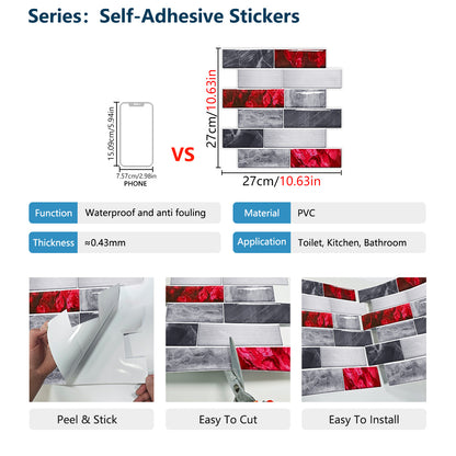 Red Marble Look Peel And Stick Wallpaper PVC Waterproof Self-adhesive Tiles Kitchen Splash-proof Bathroom Home Decoration Removable Without Leaving Glue