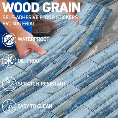 Blue Wood Grain Floor, Peel And Stick Floor Tiles, PVC Self-adhesive DIY Floor Removable Waterproof Tile Stickers