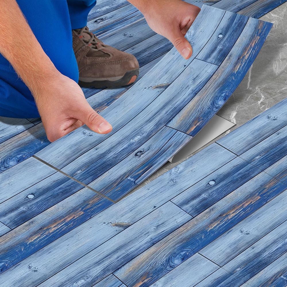 Blue Wood Grain Floor, Peel And Stick Floor Tiles, PVC Self-adhesive DIY Floor Removable Waterproof Tile Stickers