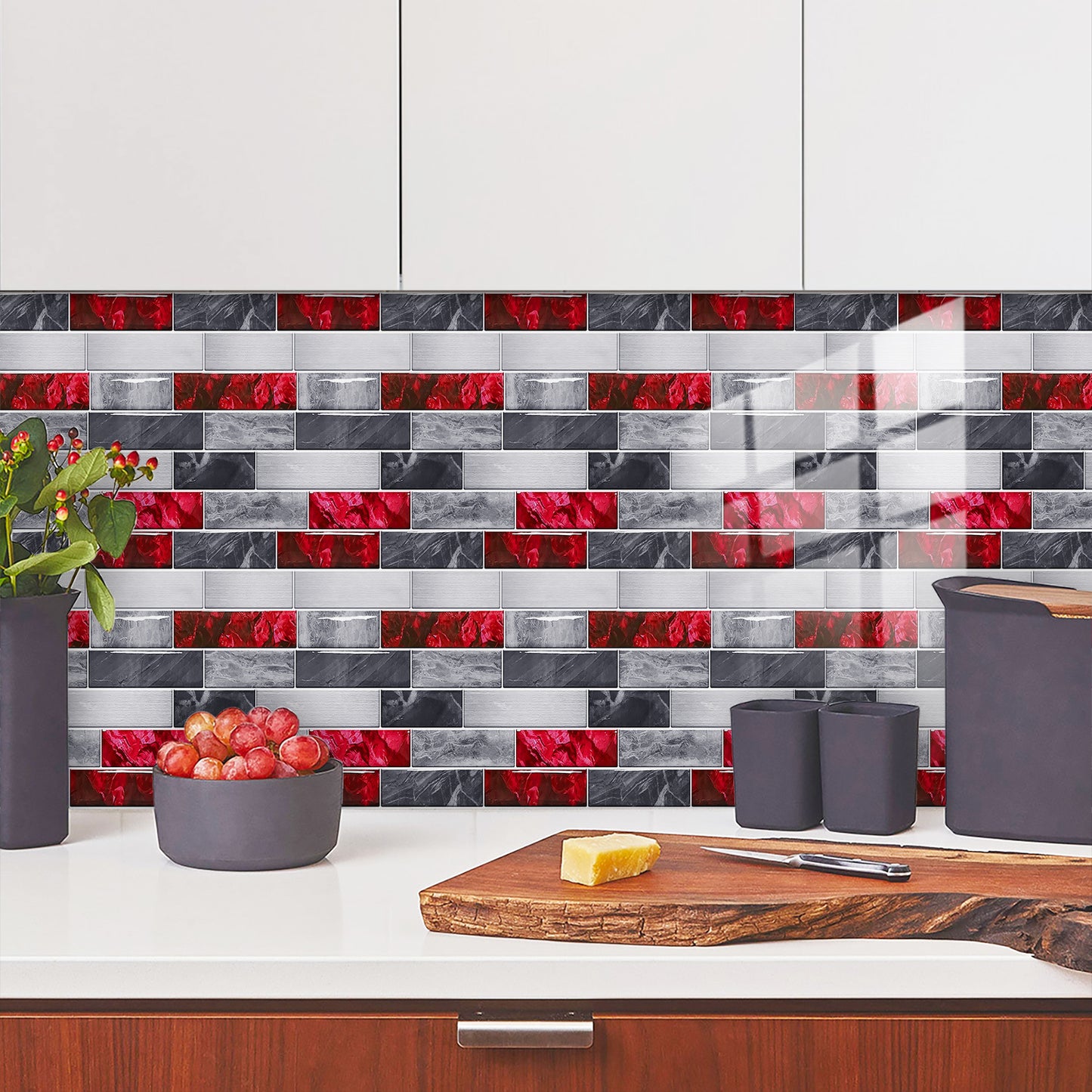 Red Marble Look Peel And Stick Wallpaper PVC Waterproof Self-adhesive Tiles Kitchen Splash-proof Bathroom Home Decoration Removable Without Leaving Glue
