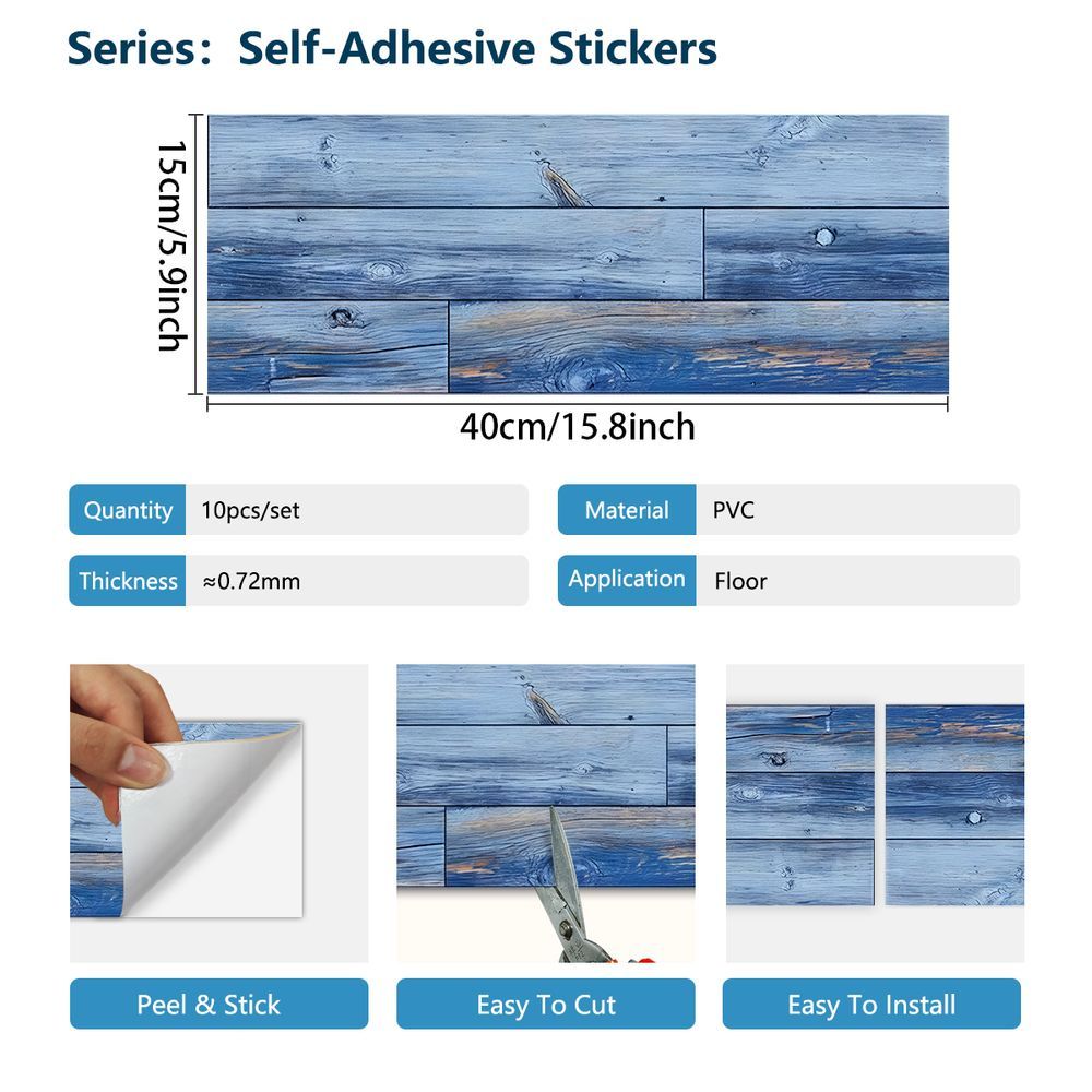 Blue Wood Grain Floor, Peel And Stick Floor Tiles, PVC Self-adhesive DIY Floor Removable Waterproof Tile Stickers