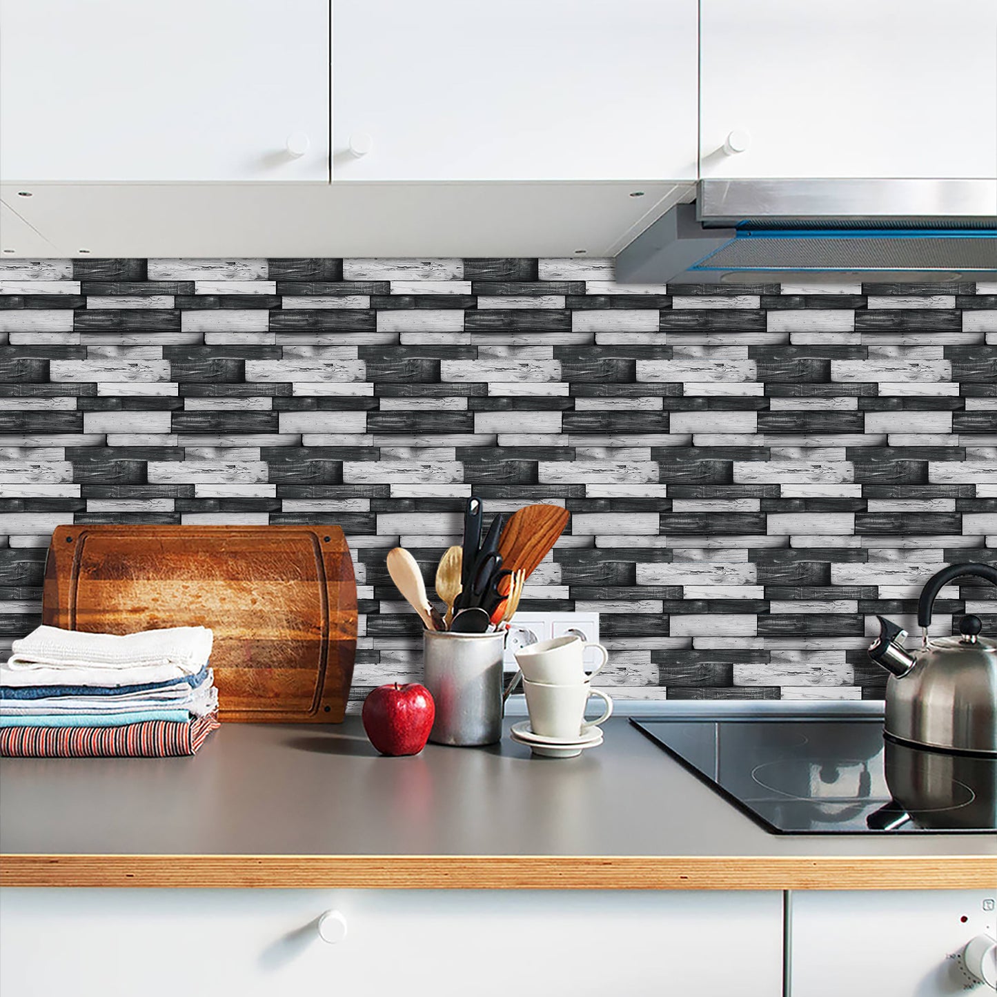 Peel And Stick Splash-proof Wallpaper, PVC Dark Grey Irregular Wood Grain Hanging Decorative Tiles