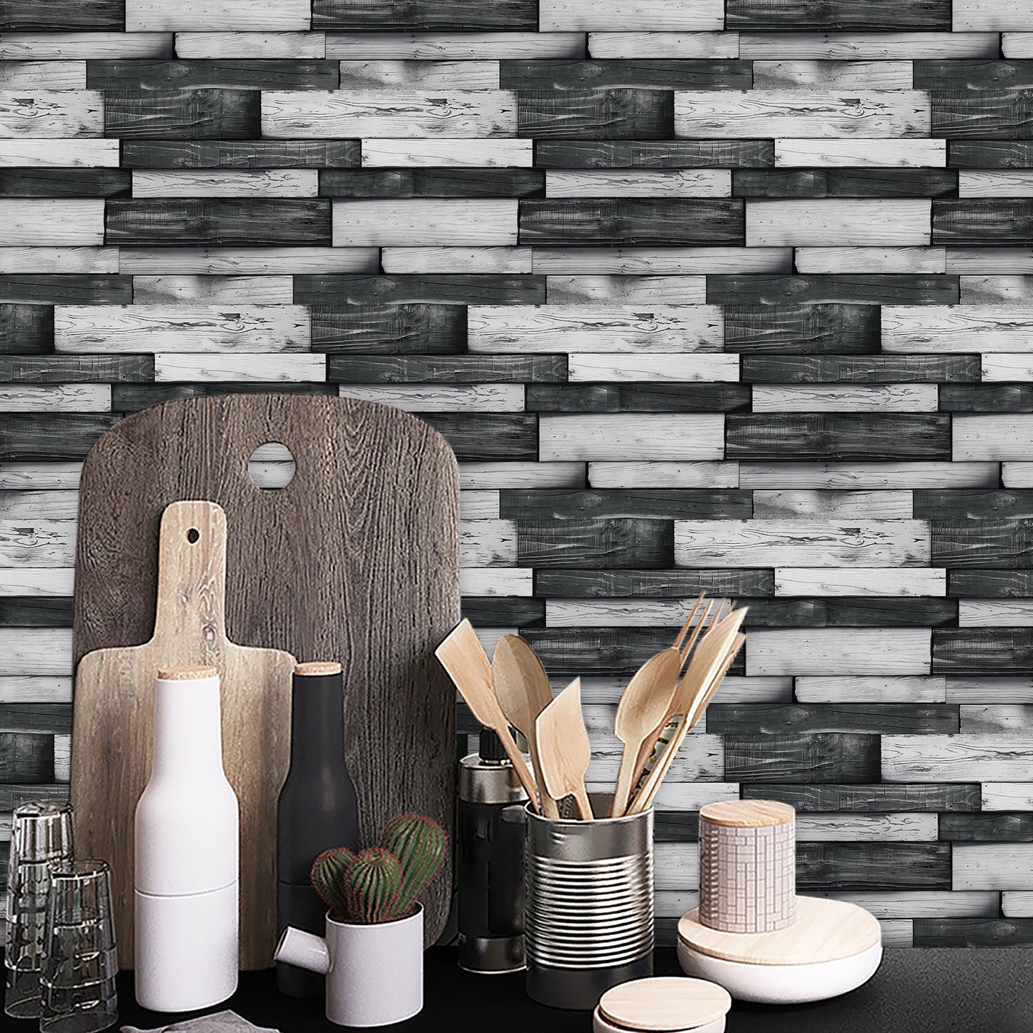 Peel And Stick Splash-proof Wallpaper, PVC Dark Grey Irregular Wood Grain Hanging Decorative Tiles