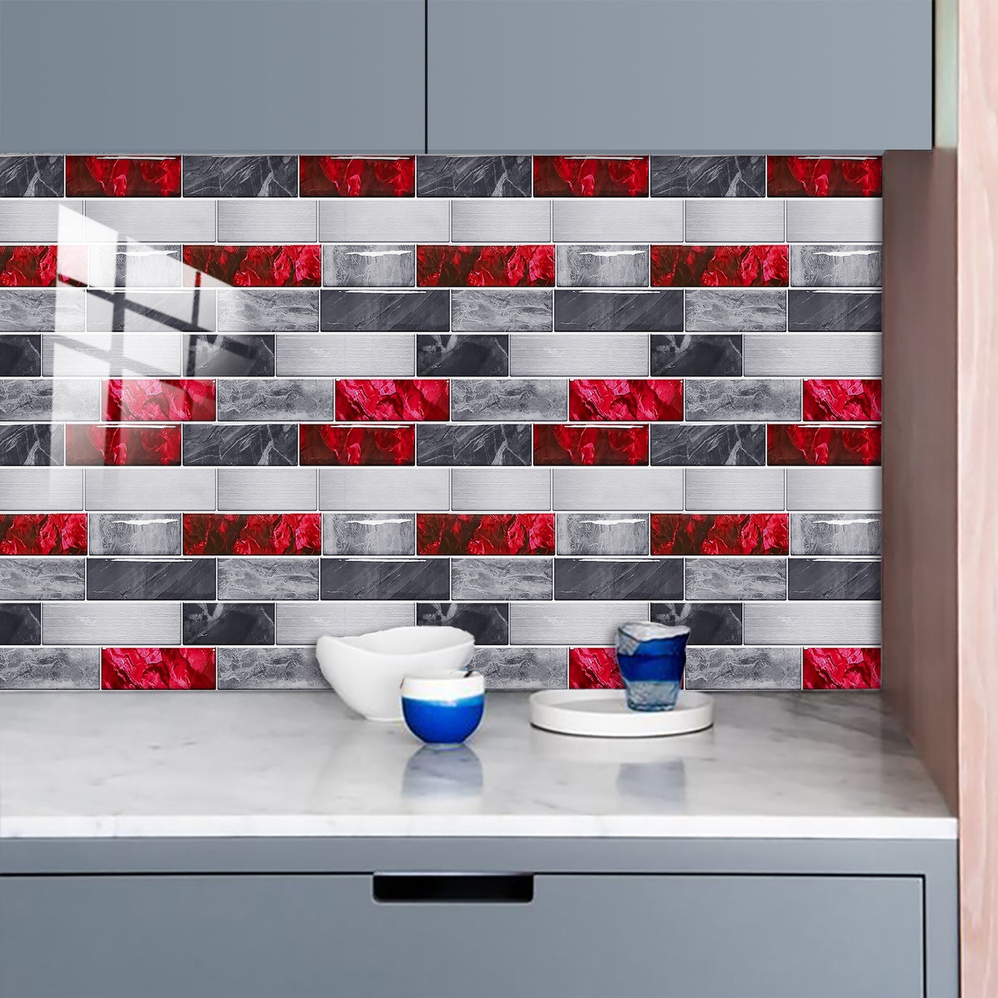 Red Marble Look Peel And Stick Wallpaper PVC Waterproof Self-adhesive Tiles Kitchen Splash-proof Bathroom Home Decoration Removable Without Leaving Glue